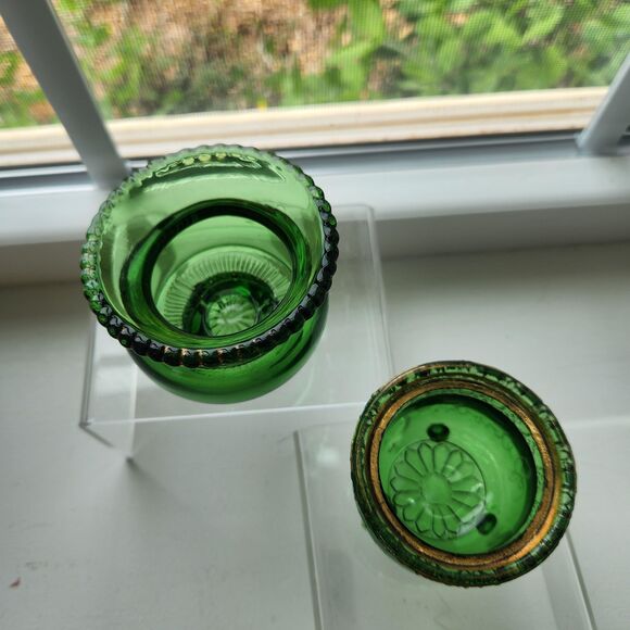 EAPG Cauldron Toothpick Holder Green Glass Colorado Lacy Medallion Set 2 Antique - Picture 2 of 10